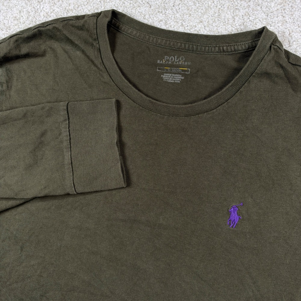 Polo Ralph Lauren Long Sleeve T-Shirt Mens L Olive Green Purple Pony Logo